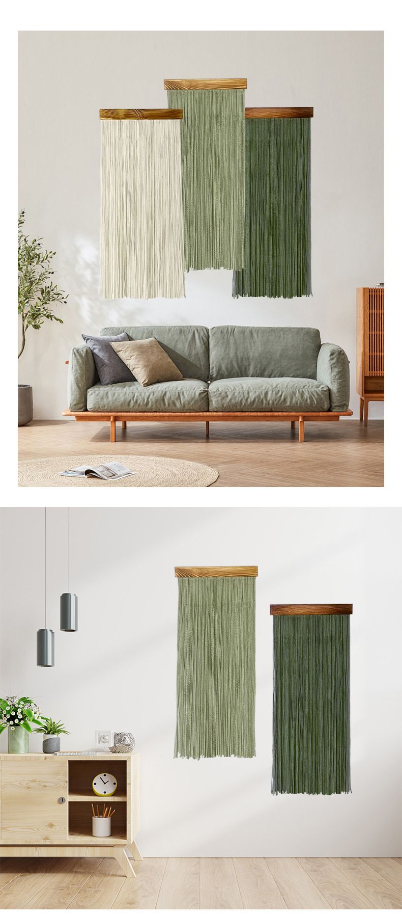 Dark Green 90×40 cm Natural Fibre Tapestry -Handwoven Cotton Tassel Wall view 6