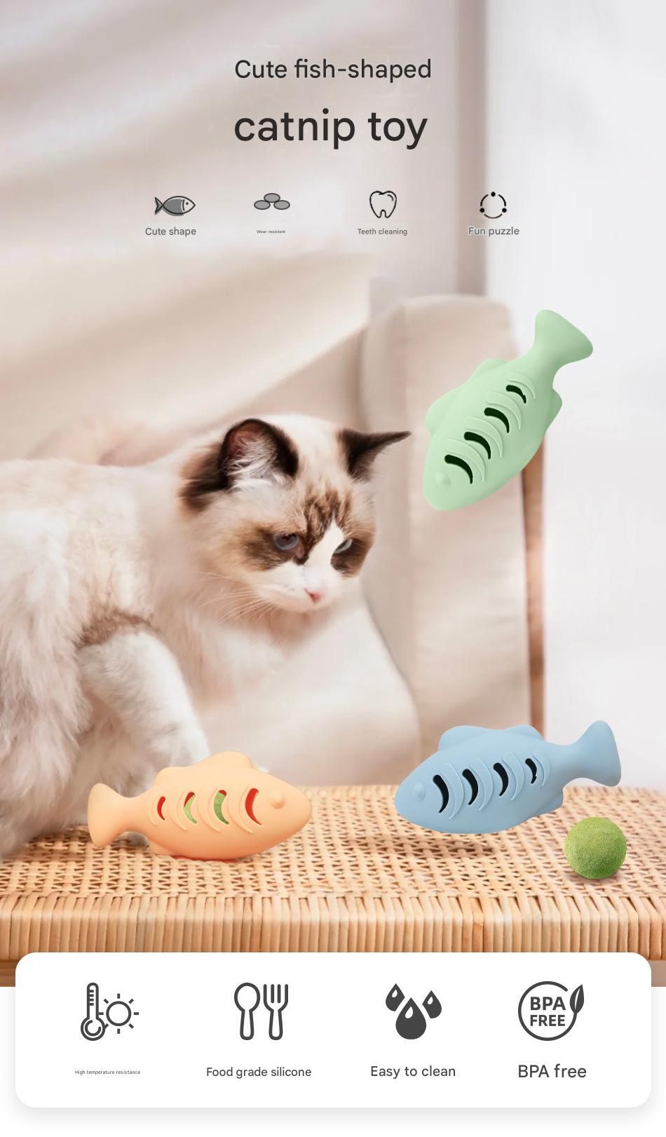 2-piece Green Fish-Shaped Silicone Cat Toy and Catnip– 3-in-1 Interactive & view 2