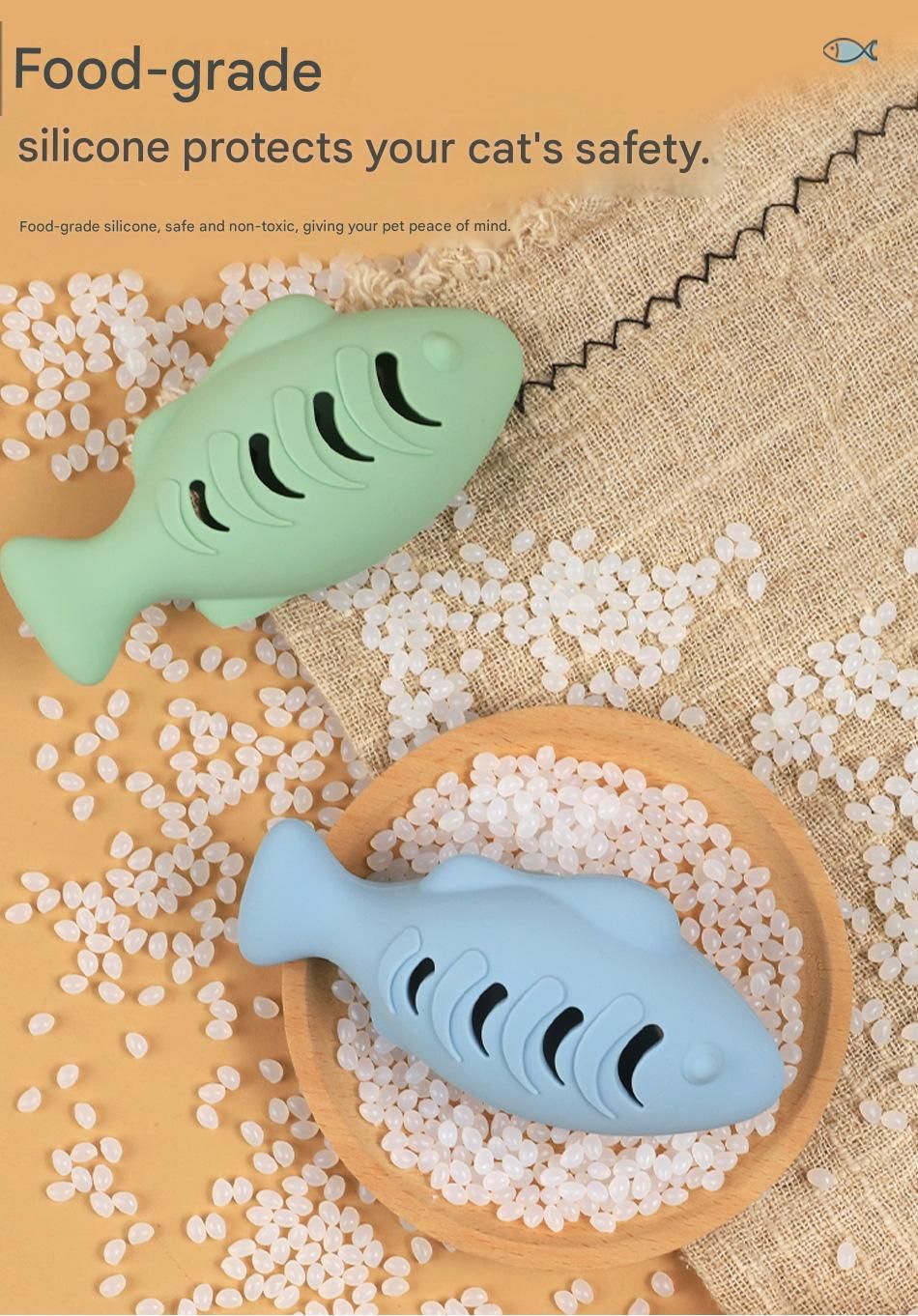 2-piece Green Fish-Shaped Silicone Cat Toy and Catnip– 3-in-1 Interactive & view 8