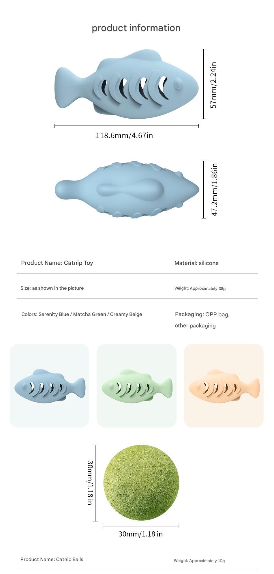 2-piece Cream-colored Fish-Shaped Silicone Cat Toy and Catnip– 3-in-1 view 3