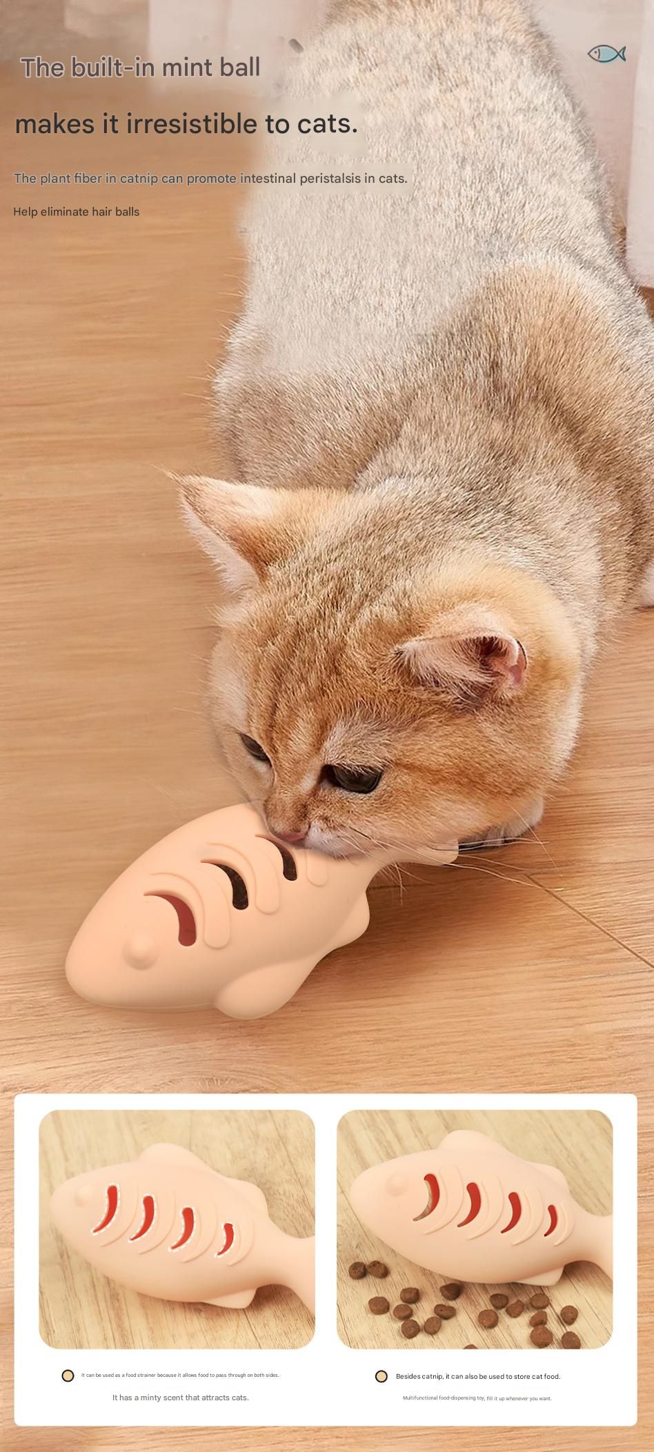 2-piece Cream-colored Fish-Shaped Silicone Cat Toy and Catnip– 3-in-1 view 6
