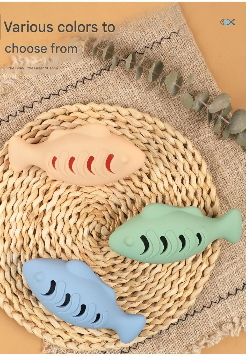 3-piece Blue and Green and Cream-colored Fish-Shaped Silicone Cat Toy and view 9