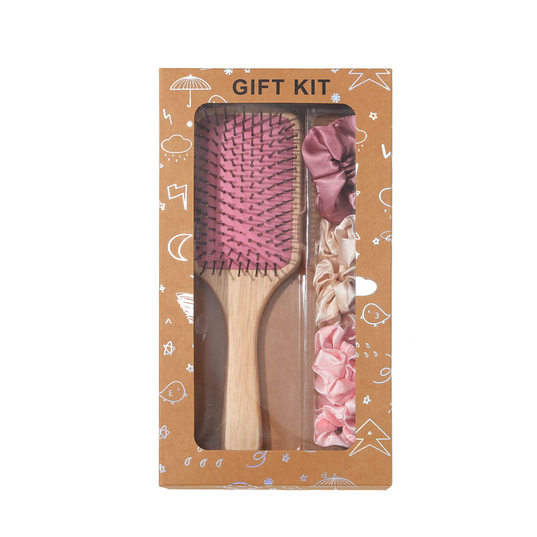 Pink Paddle Hair Brush Gift Set with Satin Scrunchies - Cushion Airbag Design view 2