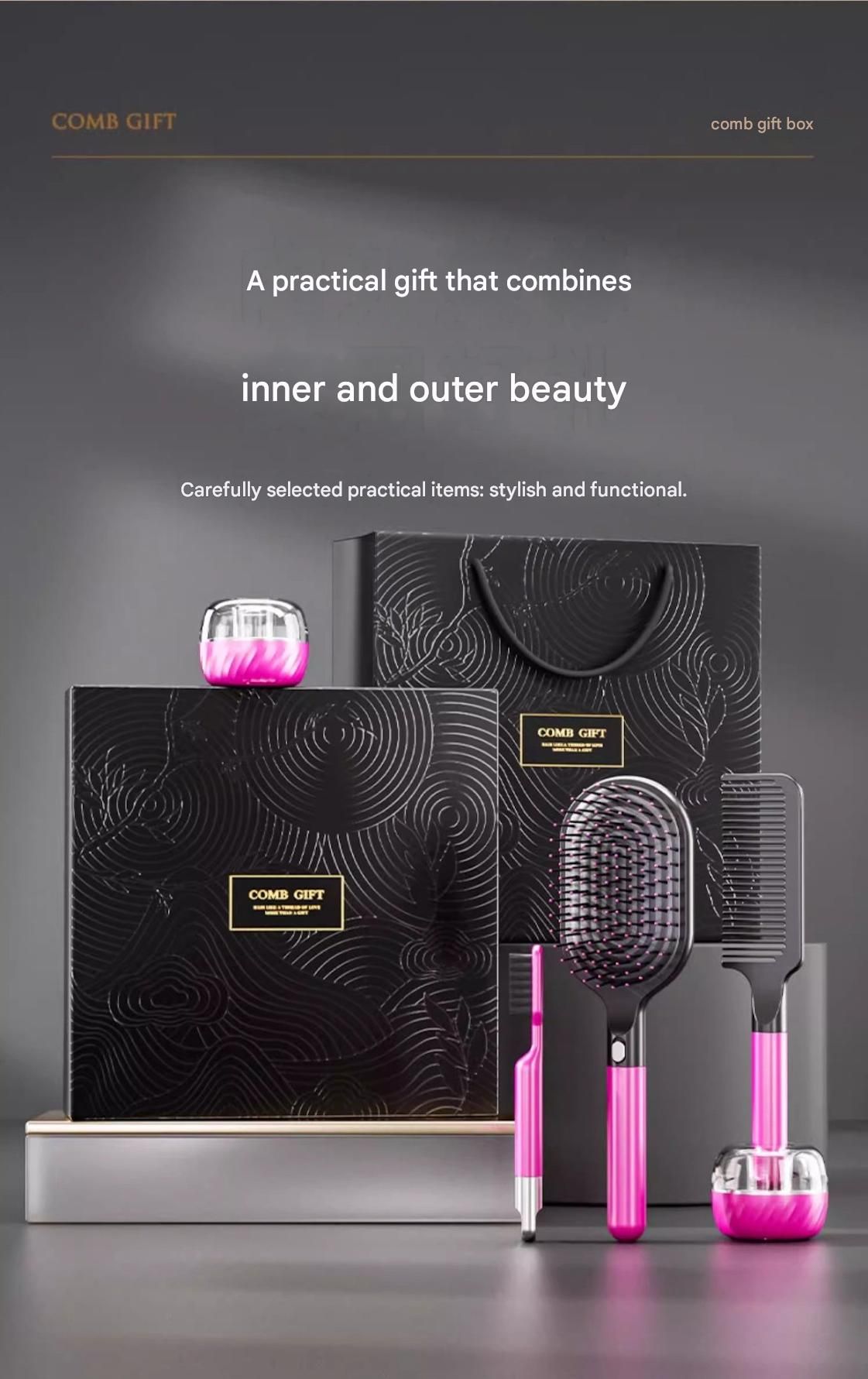 Black 5-Piece Gift Box Set Premium ABS Hair Care Gift Set with Cushion Paddle view 4