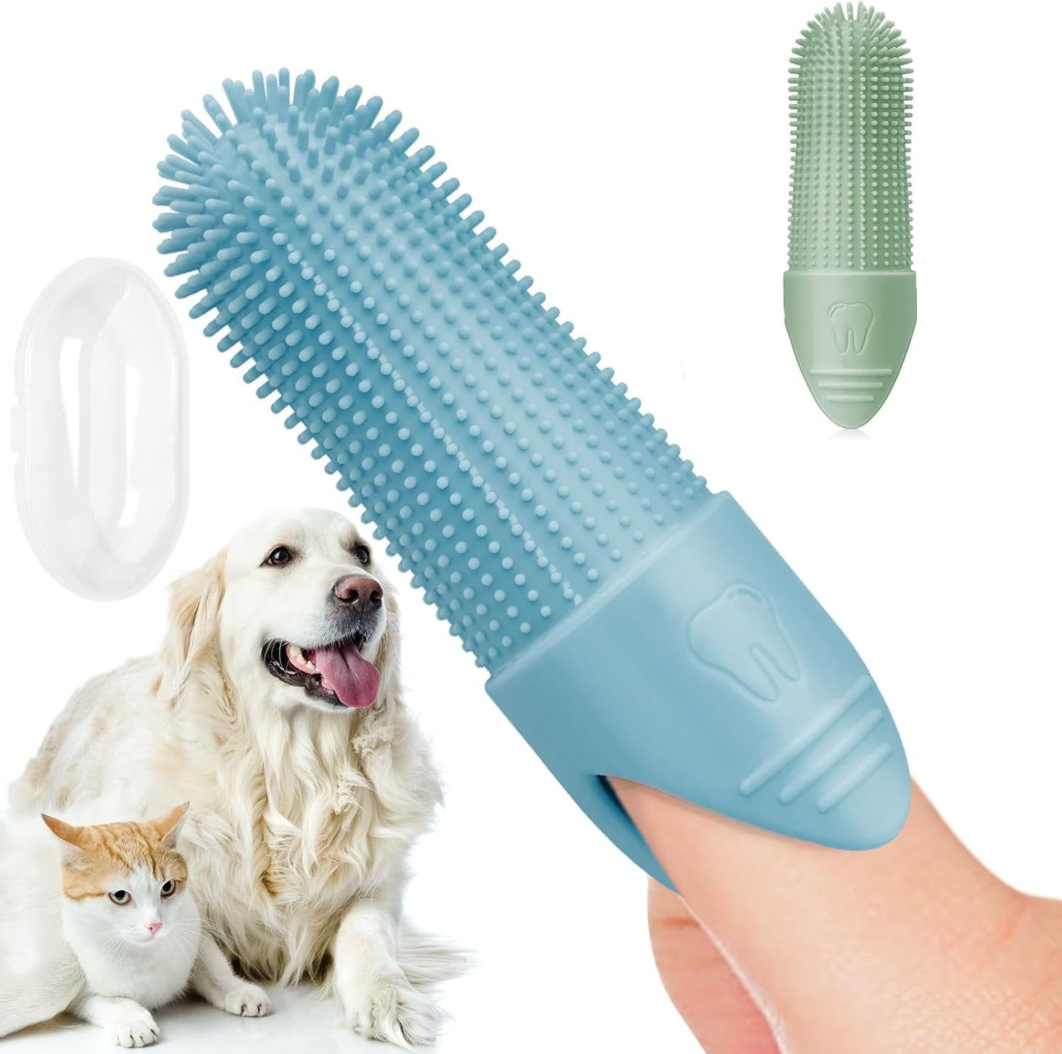 3-piece Blue and Green and Yellow Silicone Pet Finger Toothbrush for Cats and view 5