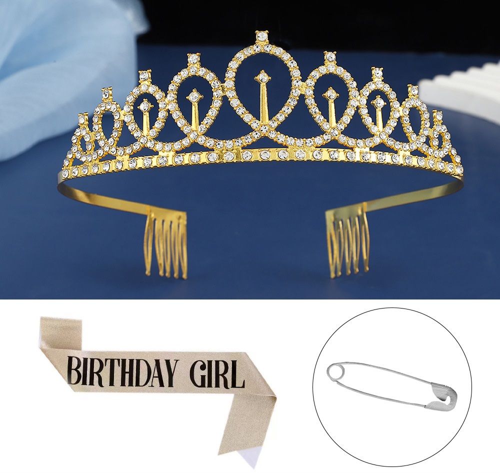 2-piece Golden Birthday Girl Tiara and Sash Set - Elegant Rhinestone Alloy