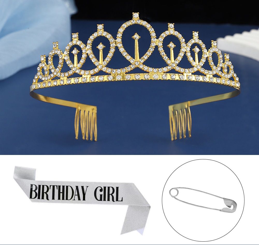 2-piece Golden and Silvery Birthday Girl Tiara and Sash Set - Elegant