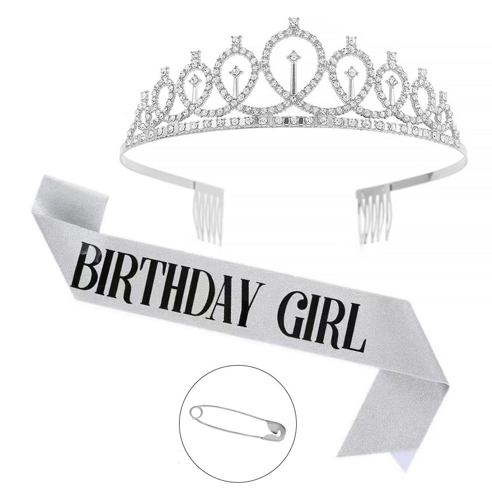 2-piece Silvery Birthday Girl Tiara and Sash Set - Elegant Rhinestone Alloy