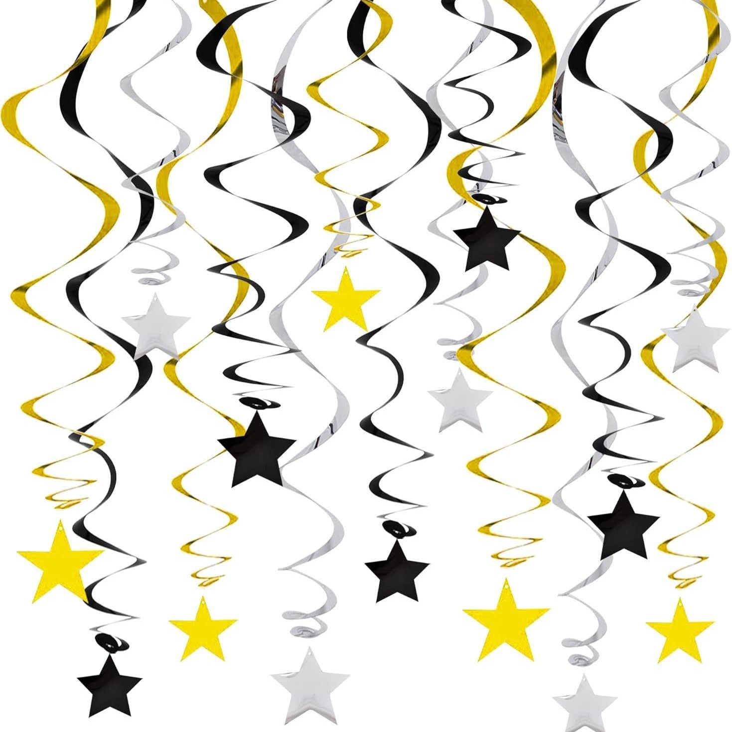 30-Piece Set for Golden and Silvery and Black Star Spiral Hanging Decorations