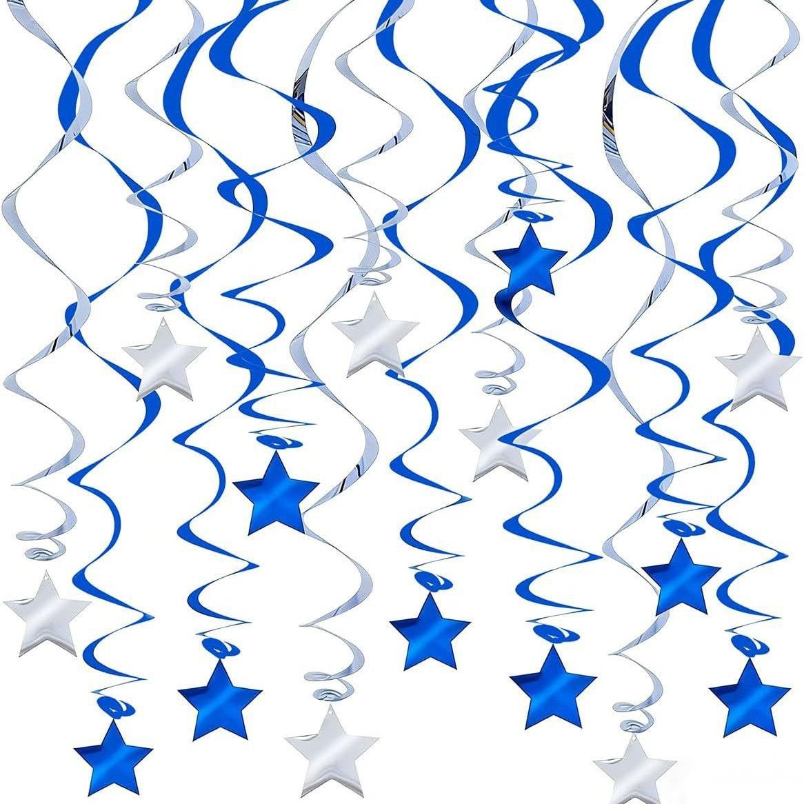 30-Piece Set for Silvery and Blue Star Spiral Hanging Decorations - Birthday