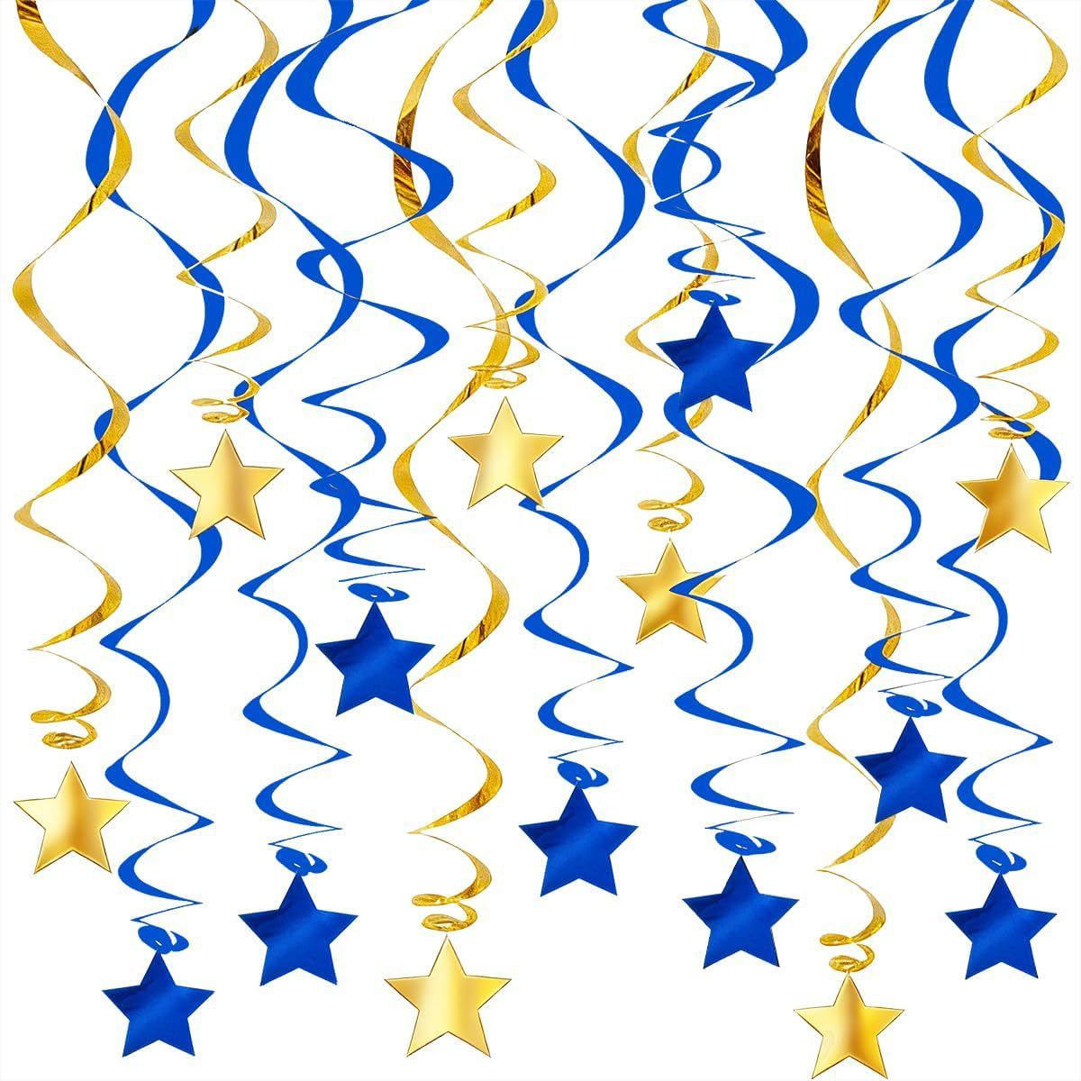 30-Piece Set for Golden and Blue Star Spiral Hanging Decorations - Birthday