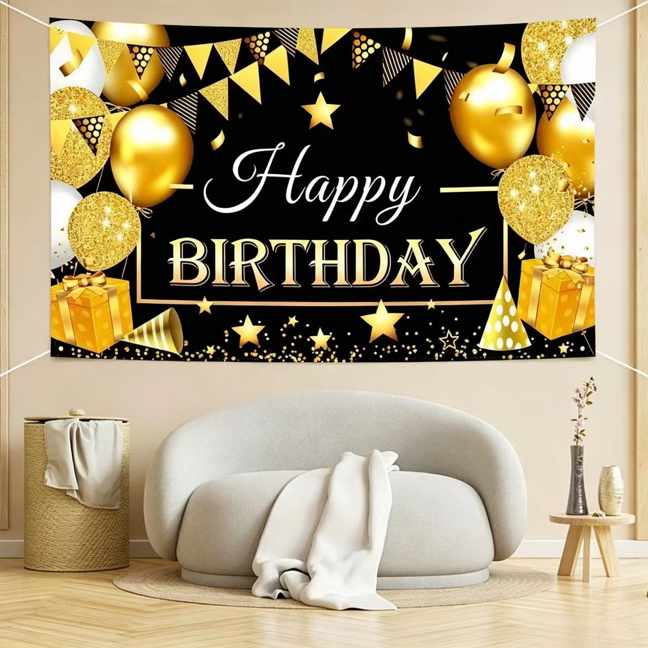 180*115cm Golden and Black Happy Birthday Banner - Glitter Party Backdrop & view 5