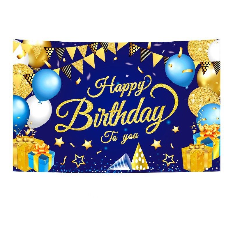 180*115cm Golden and Blue Happy Birthday Banner - Glitter Party Backdrop &