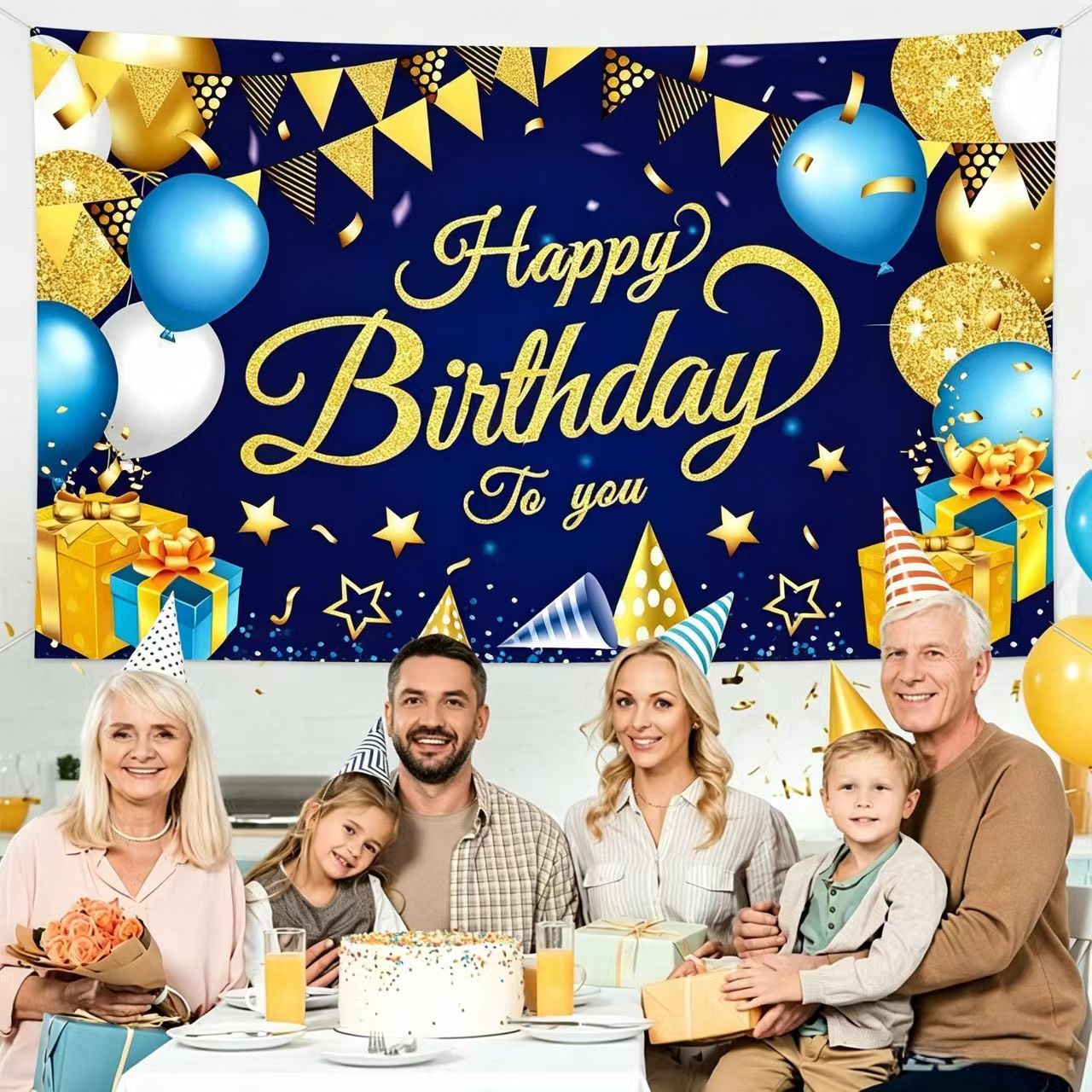 180*115cm Golden and Blue Happy Birthday Banner - Glitter Party Backdrop & view 4