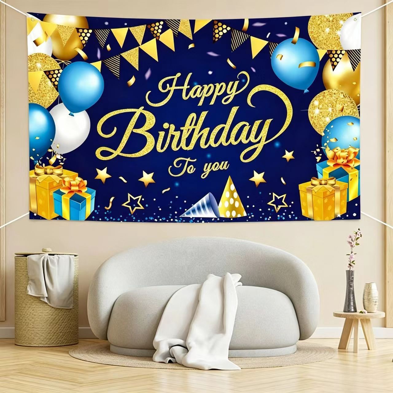 180*115cm Golden and Blue Happy Birthday Banner - Glitter Party Backdrop & view 5