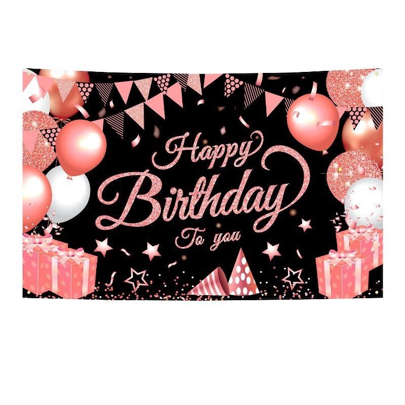 180*115cm Black and Pink Happy Birthday Banner - Glitter Party Backdrop & Confetti