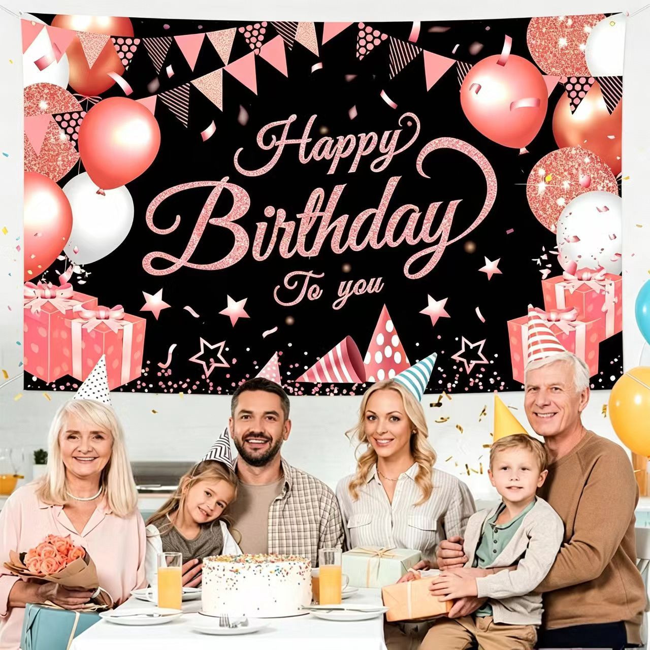 180*115cm Black and Pink Happy Birthday Banner - Glitter Party Backdrop & Confetti view 4