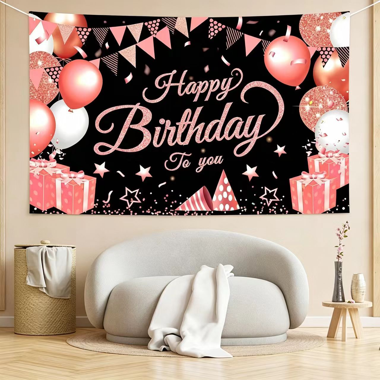180*115cm Black and Pink Happy Birthday Banner - Glitter Party Backdrop & Confetti view 5