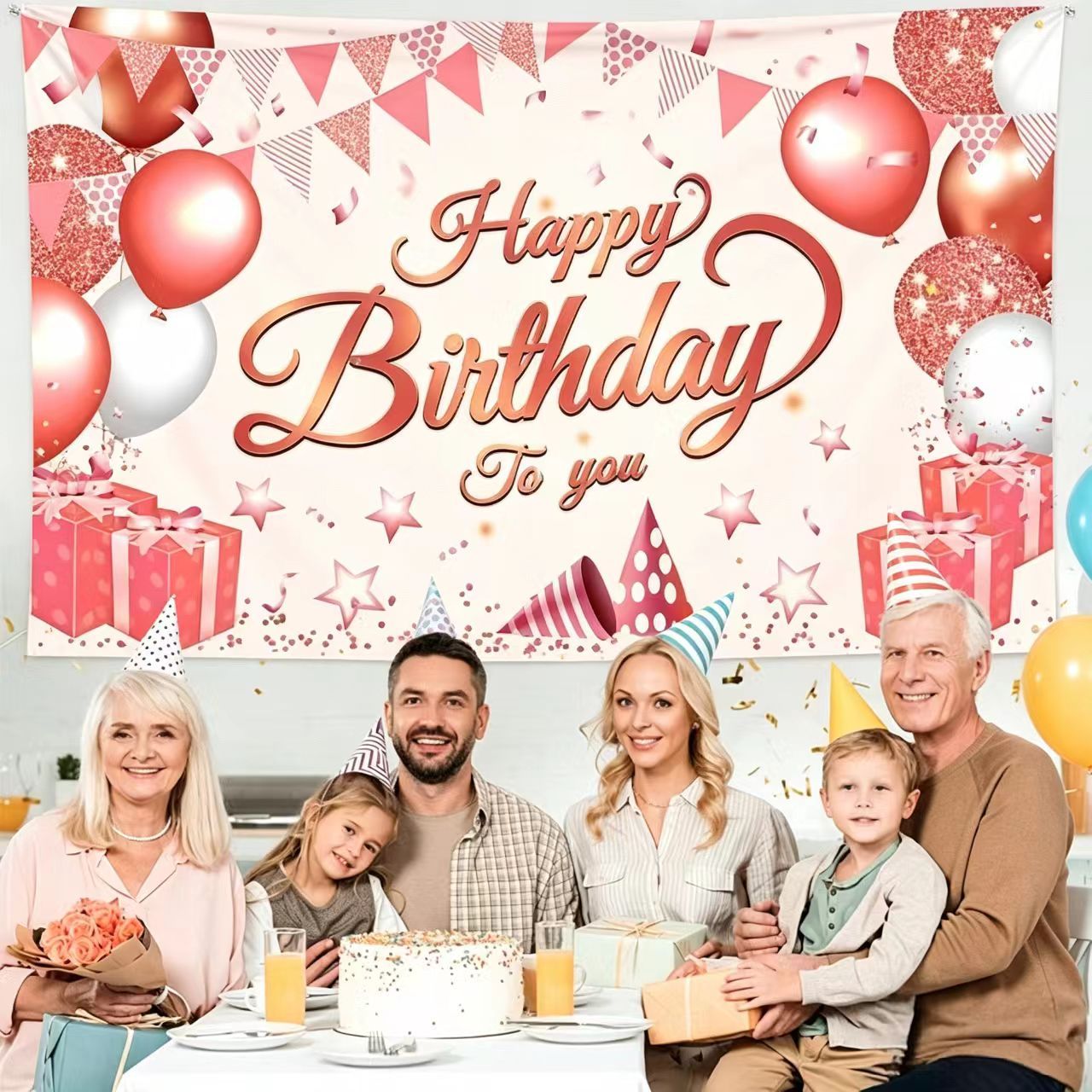 180*115cm Pink Happy Birthday Banner - Glitter Party Backdrop & Confetti view 4