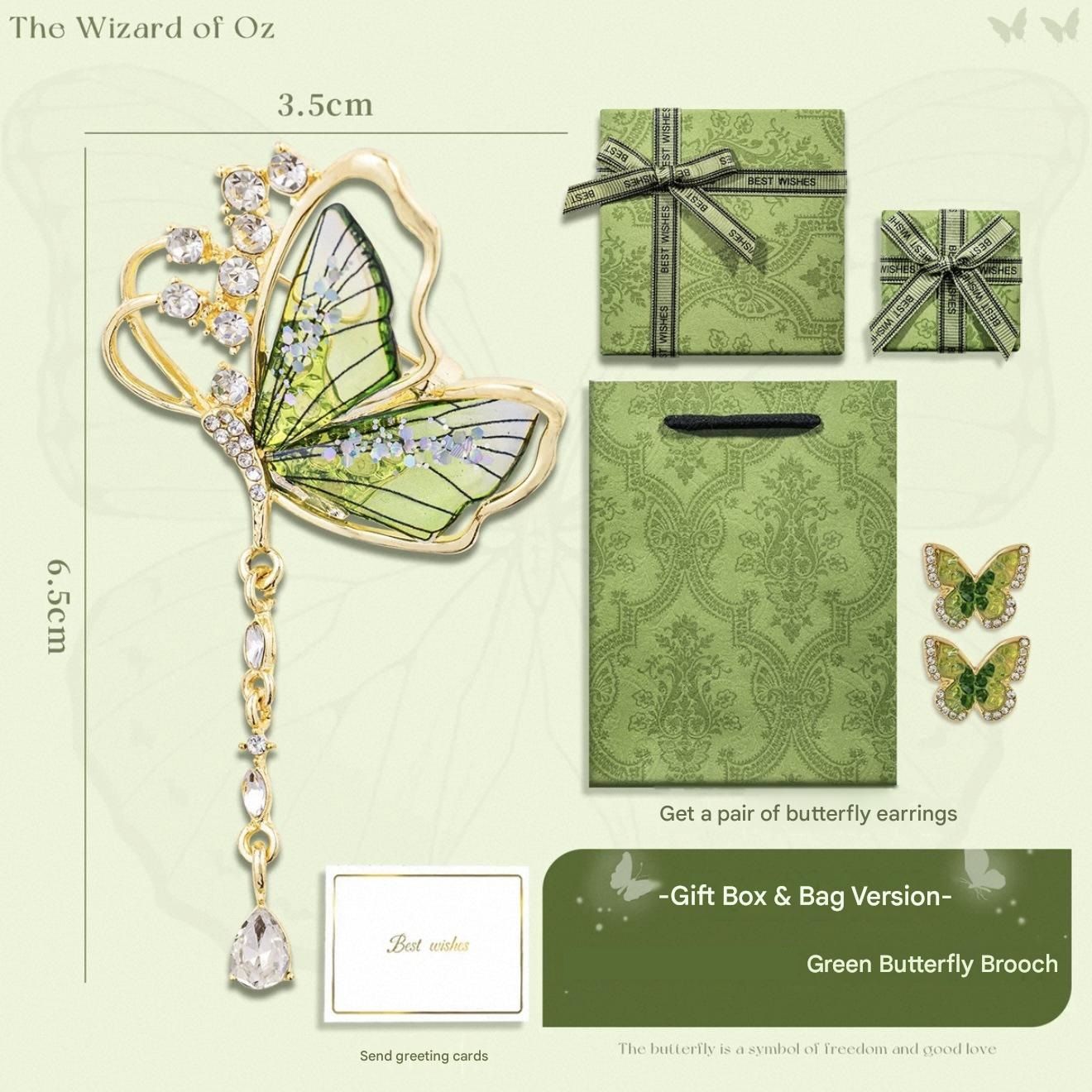 Green Butterfly Brooch - Green Enamel Crystal Tassel Pin - Elegant Alloy