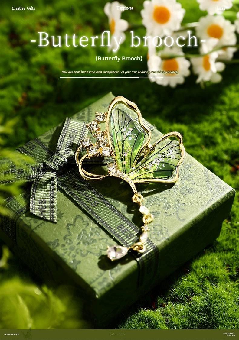 Green Butterfly Brooch - Green Enamel Crystal Tassel Pin - Elegant Alloy view 2