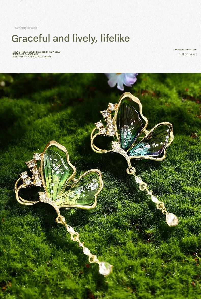 Green Butterfly Brooch - Green Enamel Crystal Tassel Pin - Elegant Alloy view 4