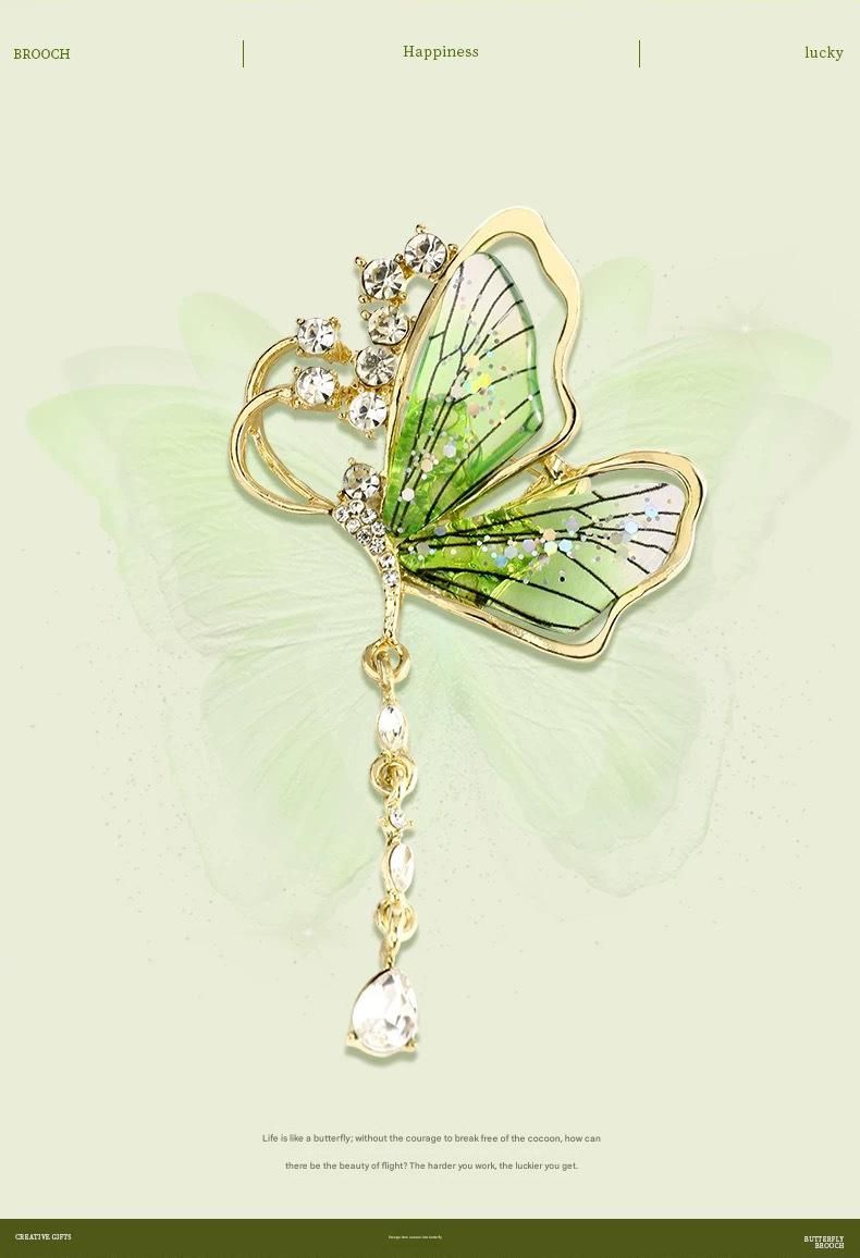Green Butterfly Brooch - Green Enamel Crystal Tassel Pin - Elegant Alloy view 5