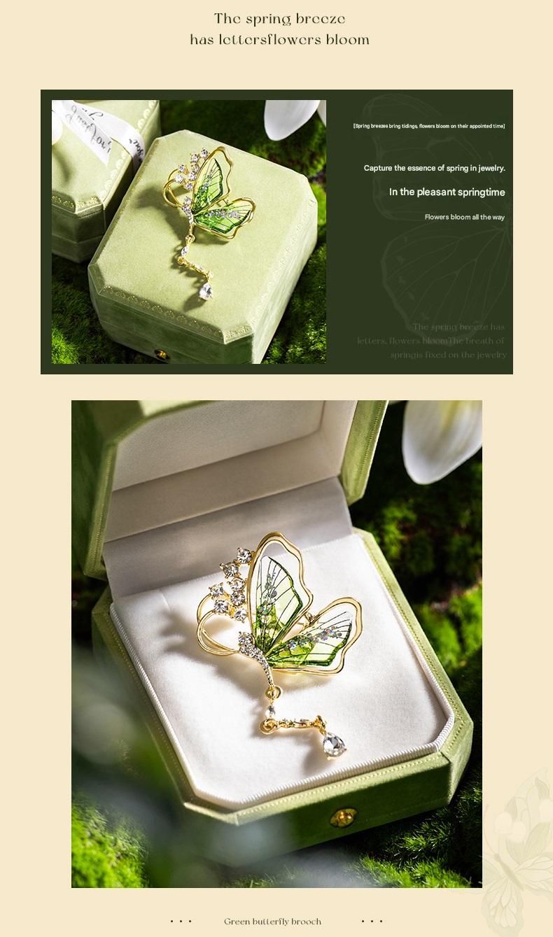Green Butterfly Brooch - Green Enamel Crystal Tassel Pin - Elegant Alloy view 6