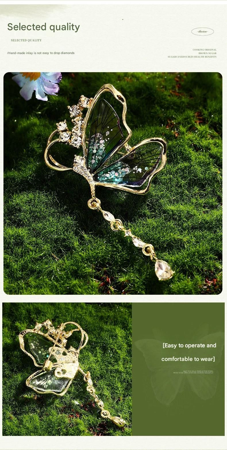 Green Butterfly Brooch - Green Enamel Crystal Tassel Pin - Elegant Alloy view 8