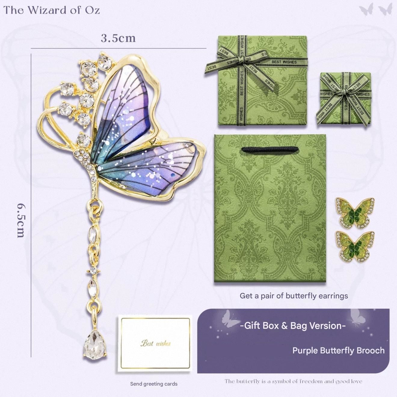 Purple Butterfly Brooch - Green Enamel Crystal Tassel Pin - Elegant Alloy