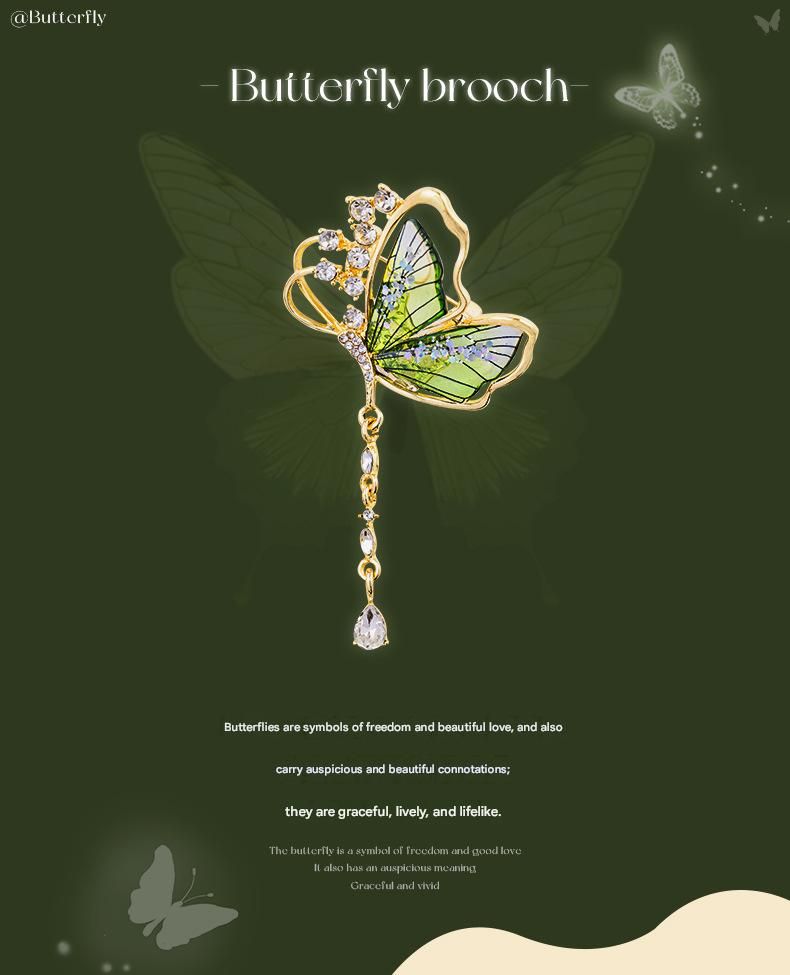Purple Butterfly Brooch - Green Enamel Crystal Tassel Pin - Elegant Alloy view 3