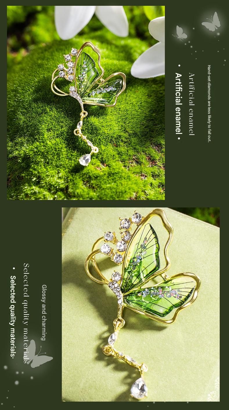 Purple Butterfly Brooch - Green Enamel Crystal Tassel Pin - Elegant Alloy view 7