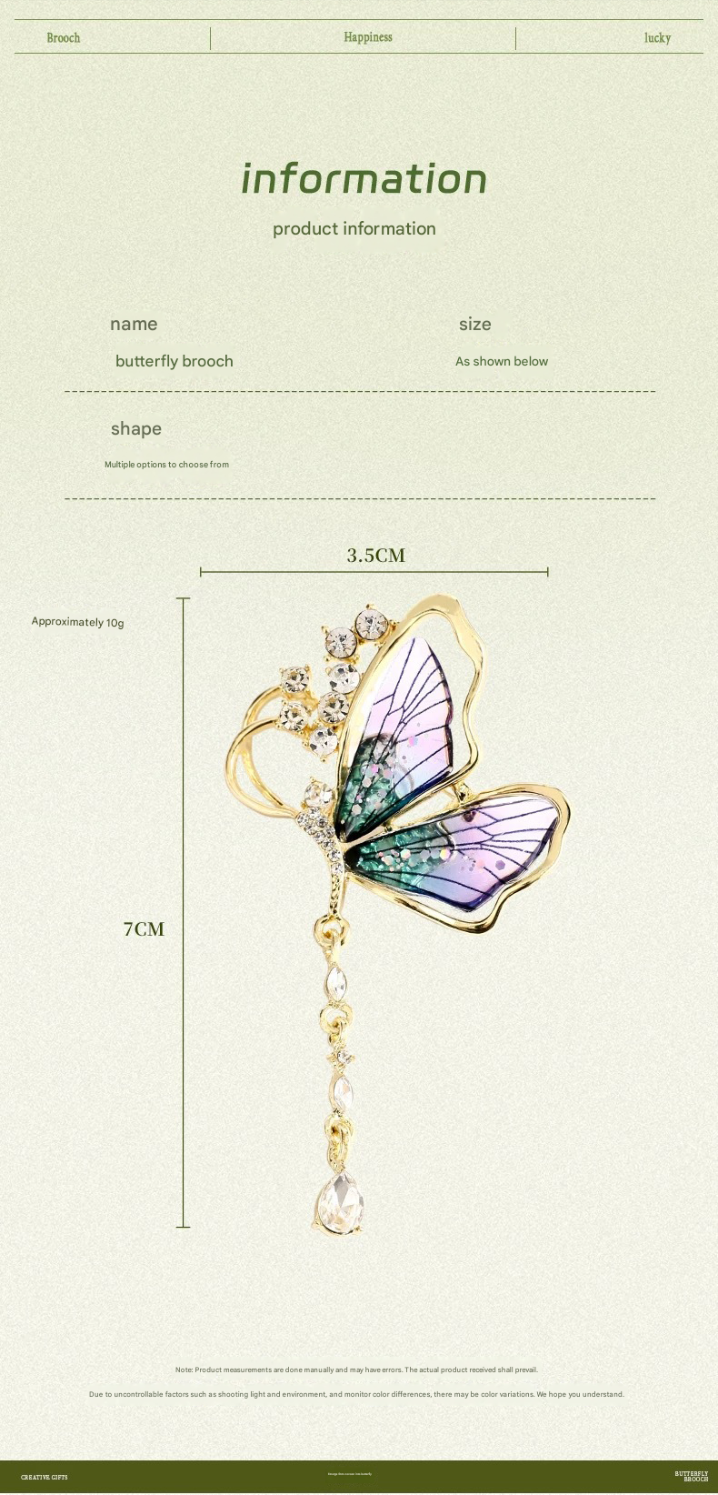 Purple Butterfly Brooch - Green Enamel Crystal Tassel Pin - Elegant Alloy view 9