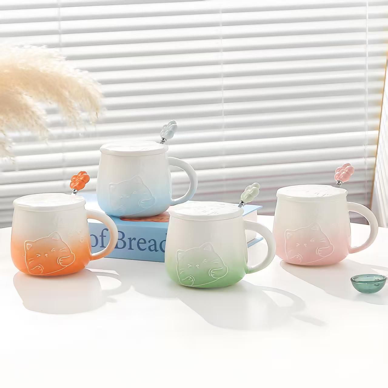 Green Gradient Cat Ceramic Mug with Lid and Spoon - 400ml Porcelain Coffee Cup view 5