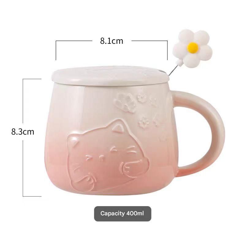 Yellow Gradient Cat Ceramic Mug with Lid and Spoon - 400ml Porcelain Coffee view 6