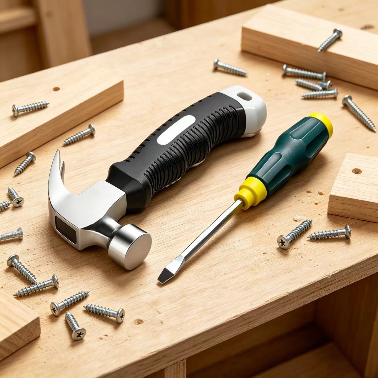 2-piece Mini Claw Hammer and One 6-inch flathead screwdriver — Chrome Vanadium