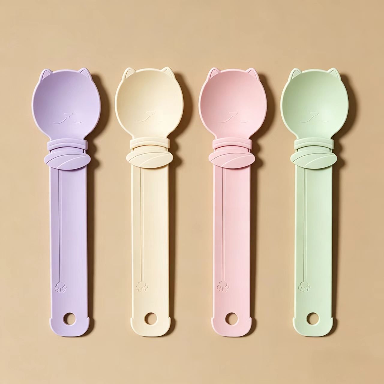 4-piece Beige and Pink and Green and Purple- Cat Treat Spoon for Wet Food &