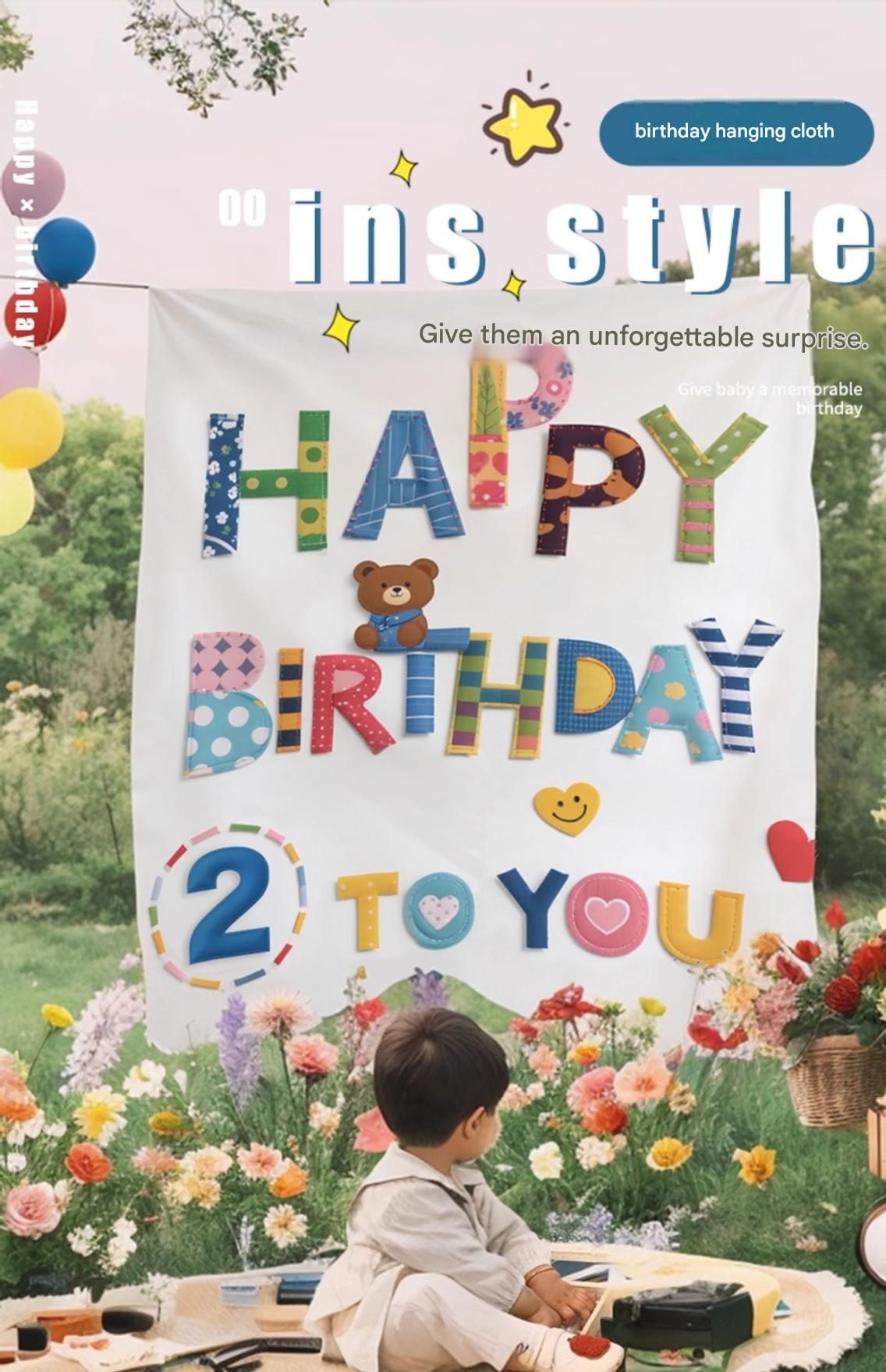 Blue Happy Birthday Backdrop Banner - Reusable Fabric Party Decoration with view 2