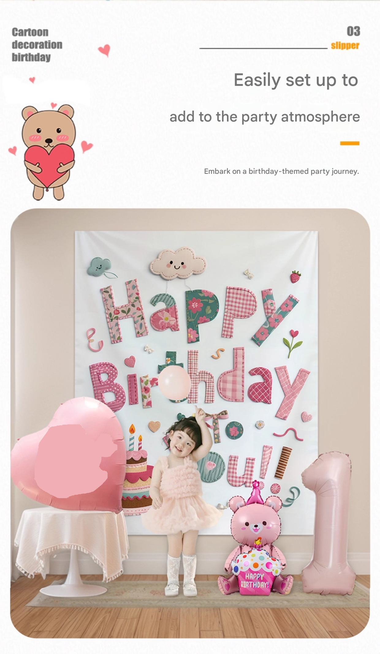 Blue Happy Birthday Backdrop Banner - Reusable Fabric Party Decoration with view 3