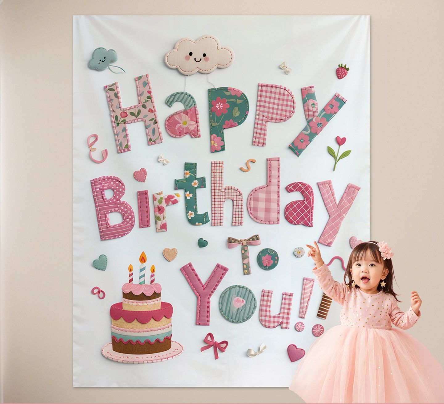 Pink Happy Birthday Backdrop Banner - Reusable Fabric Party Decoration with