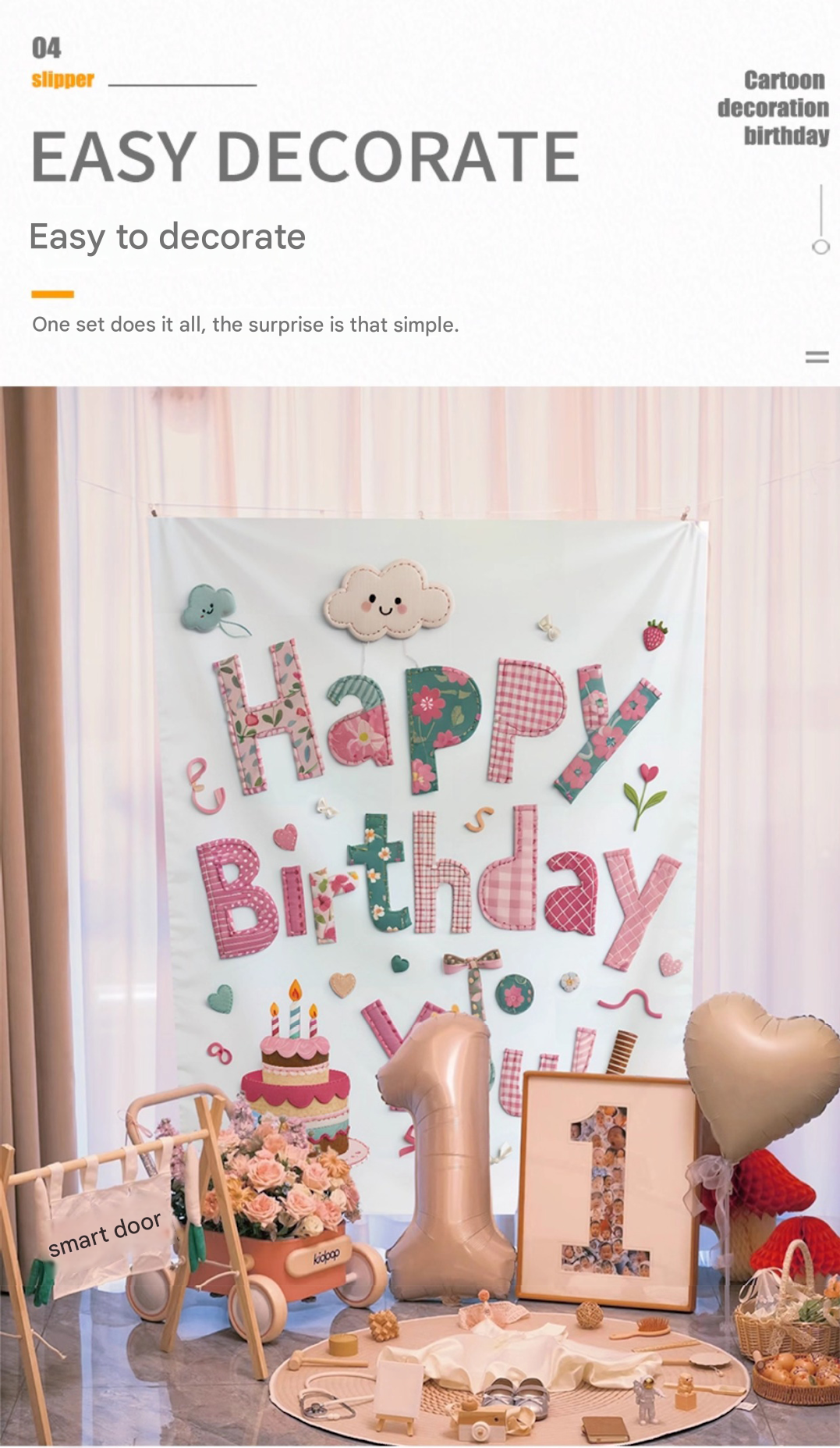 Pink Happy Birthday Backdrop Banner - Reusable Fabric Party Decoration with view 5