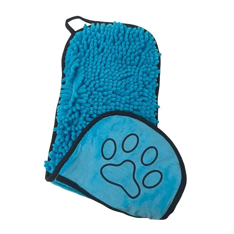 Blue Chenille Pet Drying Towel with Dual Hand Pockets - Ultra Absorbent