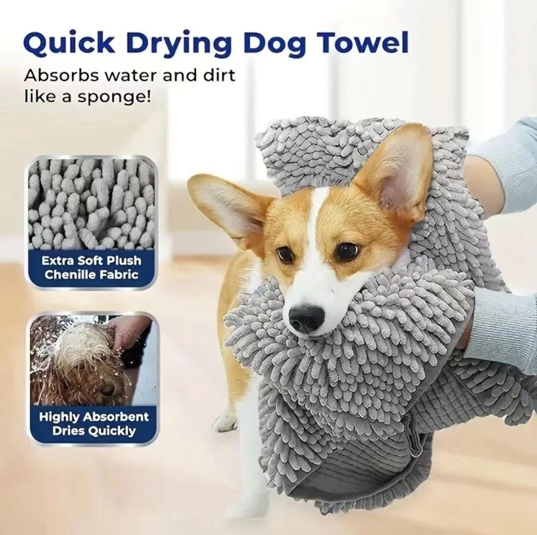 Blue Chenille Pet Drying Towel with Dual Hand Pockets - Ultra Absorbent view 3