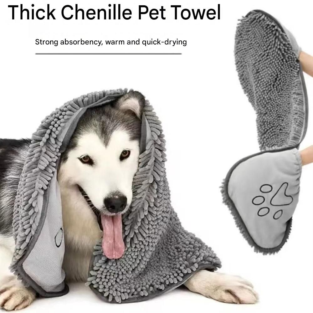 2-piece Yellow and Blue Chenille Pet Drying Towel with Dual Hand Pockets view 2