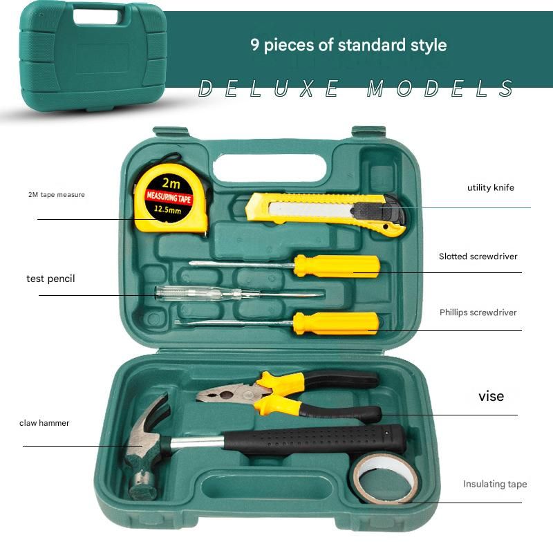 Green 9 Piece Set -Multi-Purpose Home & Car Tool Kit - Durable Blow-Molded Case