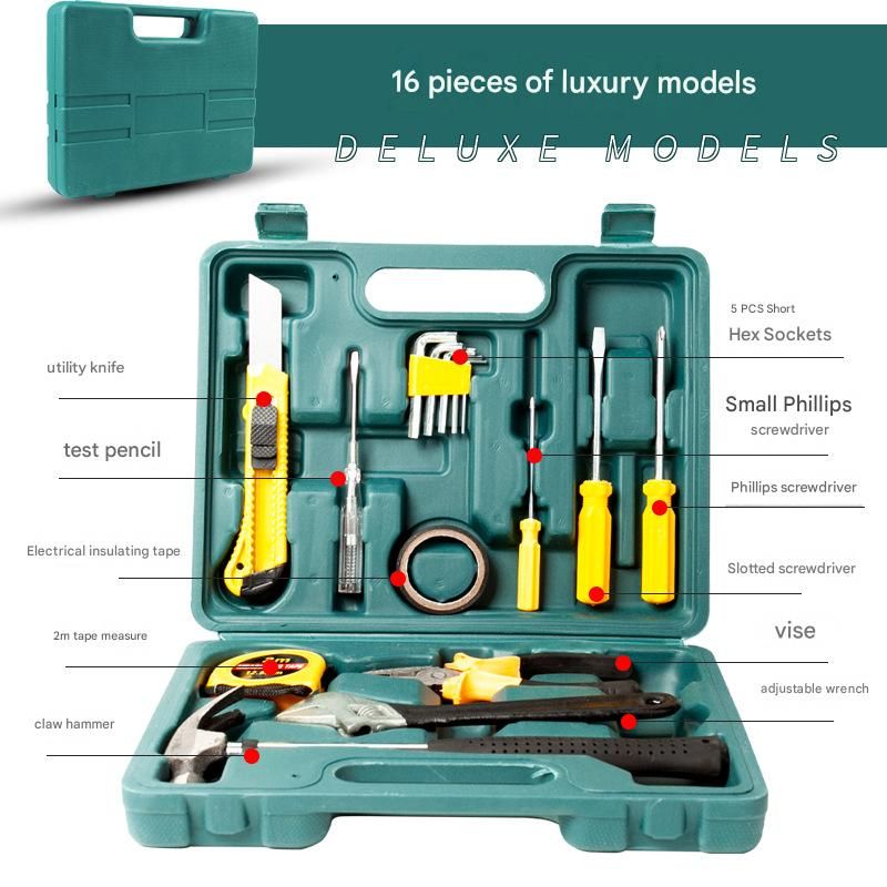 Green 16 Piece Set -Multi-Purpose Home & Car Tool Kit - Durable Blow-Molded Case
