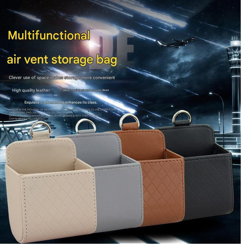 Brown Leather Car Air Vent Storage Bag - Multi-Purpose Phone Holder & view 2