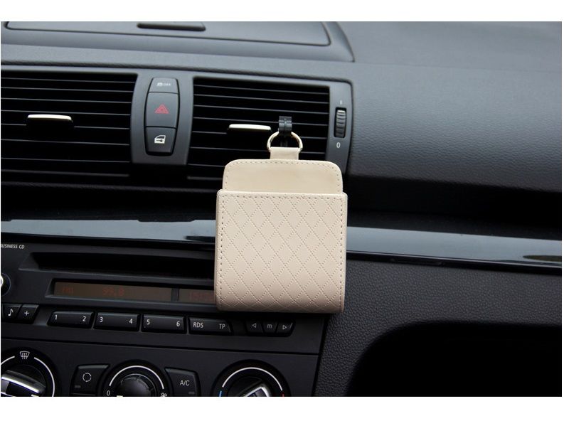 Beige Leather Car Air Vent Storage Bag - Multi-Purpose Phone Holder & view 9