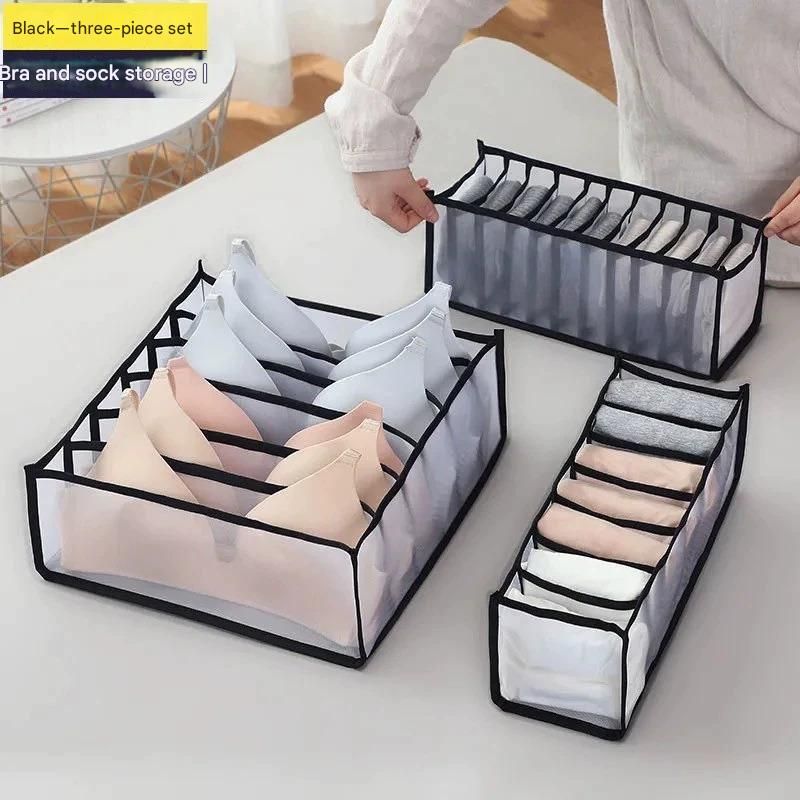 Black Drawer Underwear Organiser Set - 3 Piece Mesh Storage Boxes for Bras