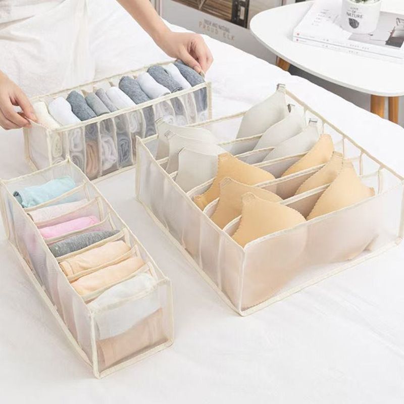 Beige Drawer Underwear Organiser Set - 3 Piece Mesh Storage Boxes for Bras